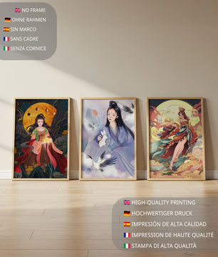 Triptyque d'art asiatique de style anime exposé sur un mur