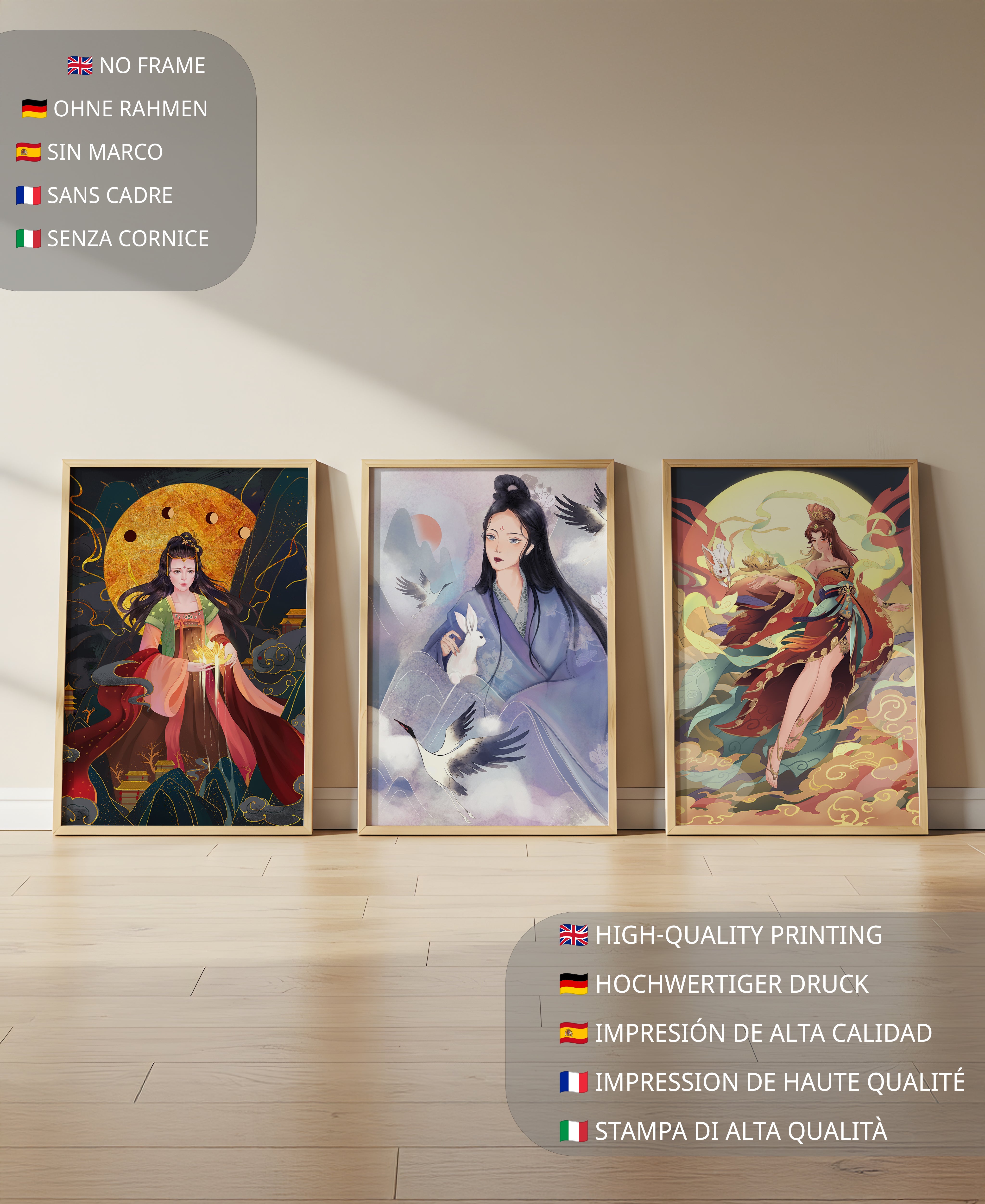 Tríptico De Arte Asiático En Estilo Anime Exhibido En Pared