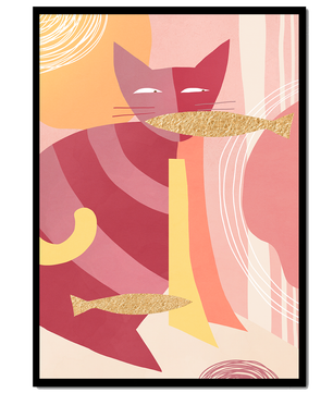 Abstract cat artwork with gold accents and colorful patterns