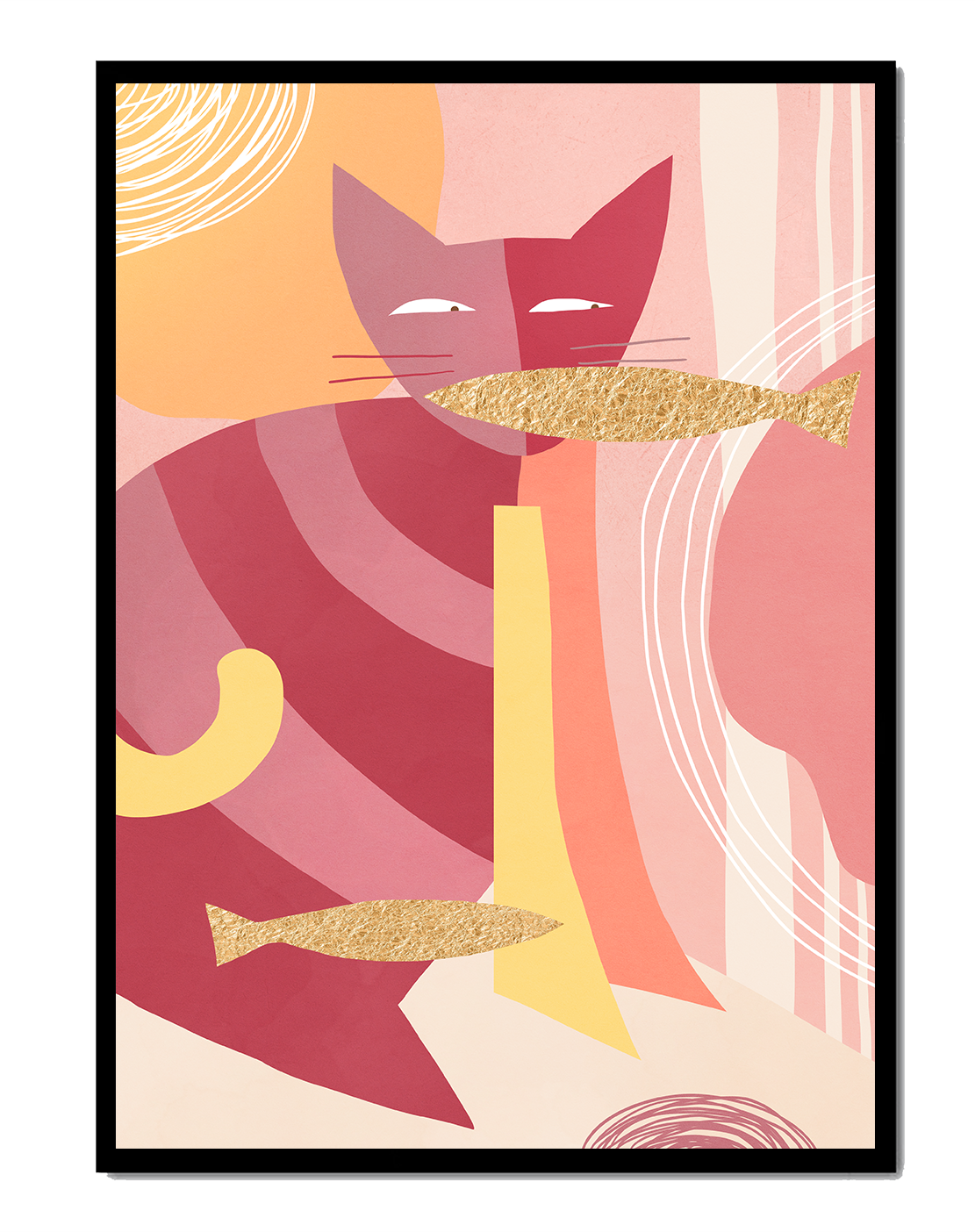 Abstract cat artwork with gold accents and colorful patterns
