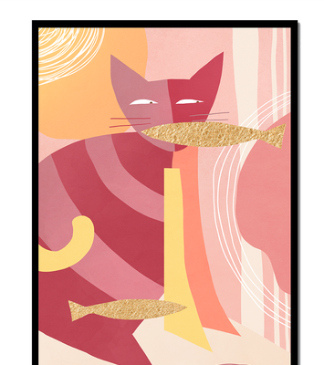 Abstract cat artwork with gold accents and colorful patterns