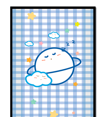 Whimsical sleep theme with planets and clouds on a checkered background