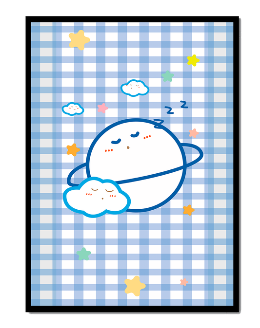Whimsical sleep theme with planets and clouds on a checkered background