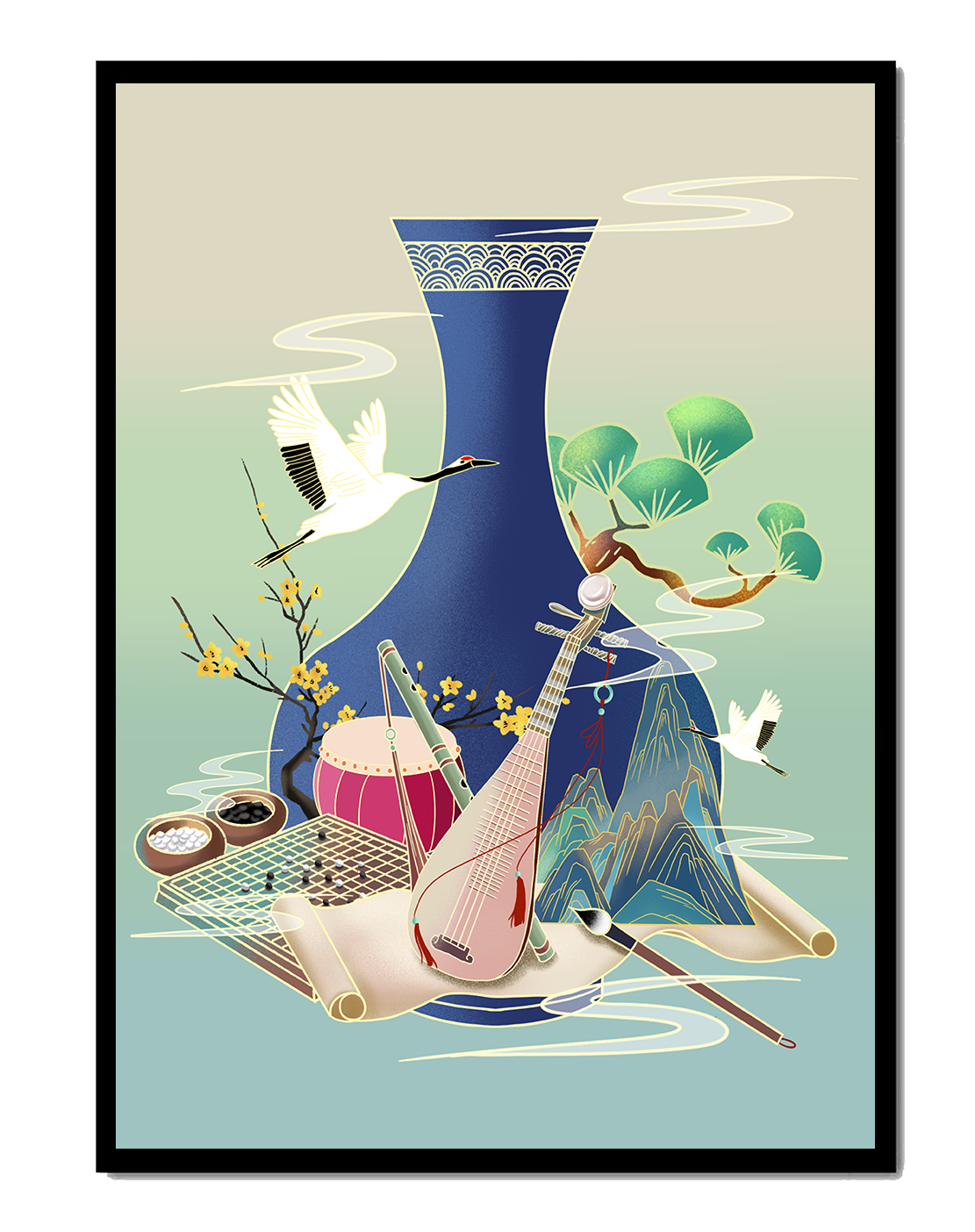 Traditional Asian art scene featuring vase, musical instruments, and cranes