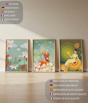 Ilustraciones de Mujeres y Flores en Sobres Verdes y Amarillos