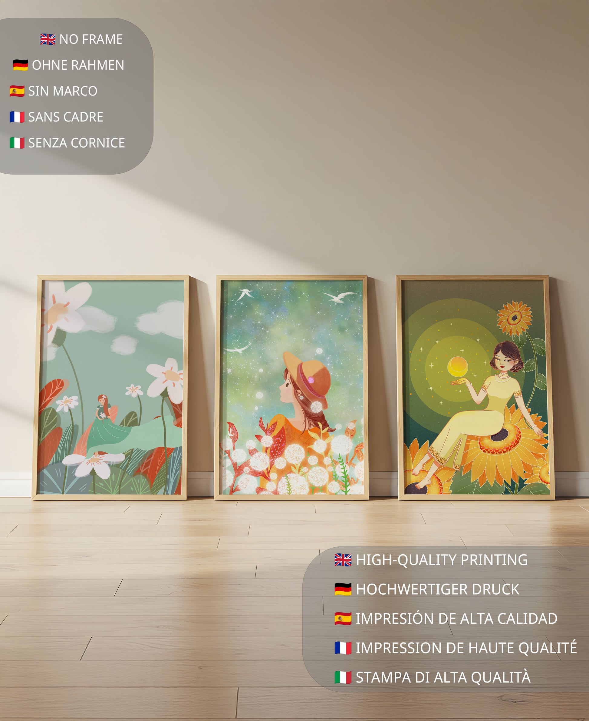 Ilustraciones de Mujeres y Flores en Sobres Verdes y Amarillos