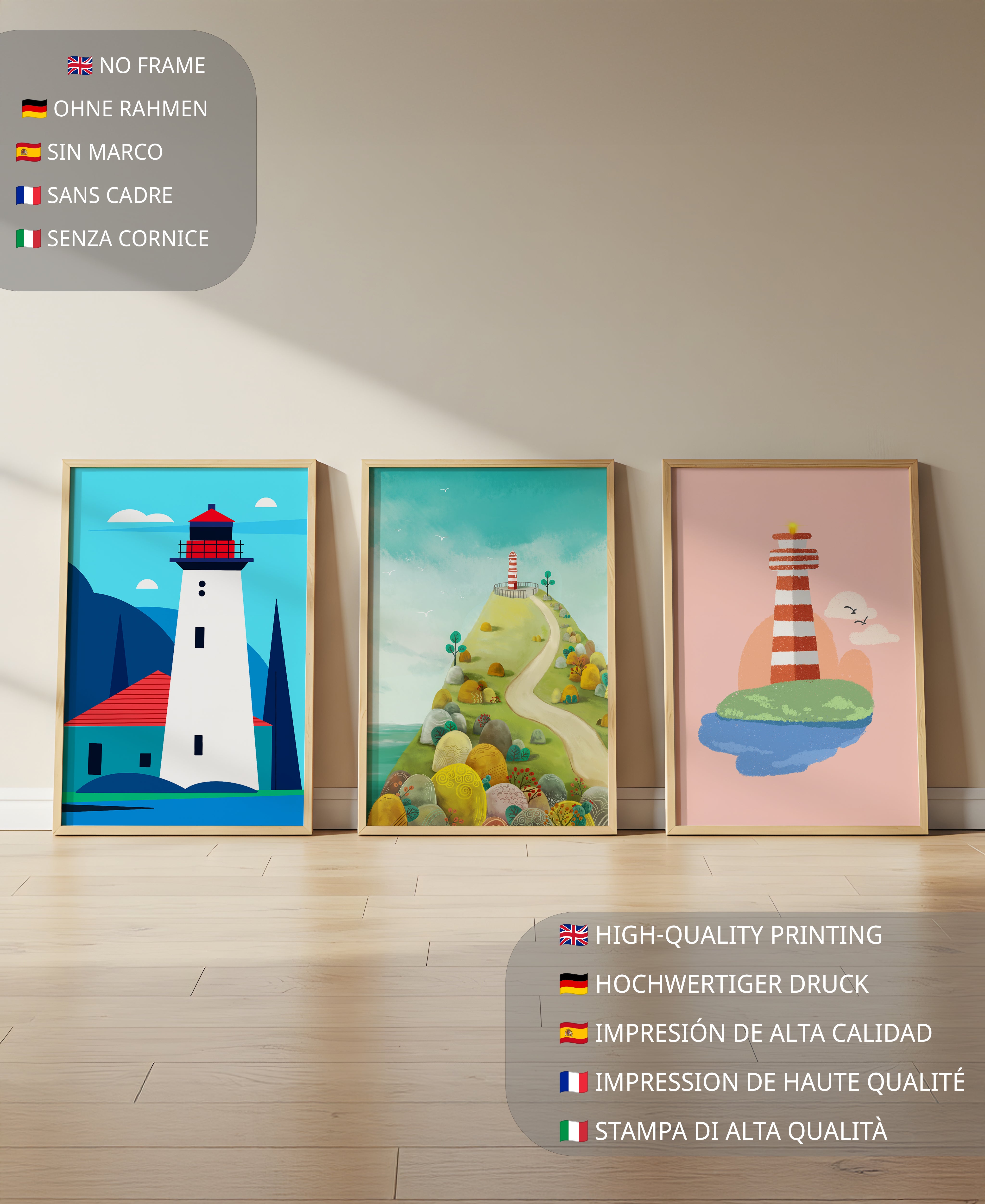 Conjunto de Impresiones de Arte con Motivos de Faros Sin Marco