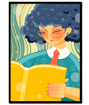 Illustration d'une personne lisant un grand livre jaune dans un style stylisé