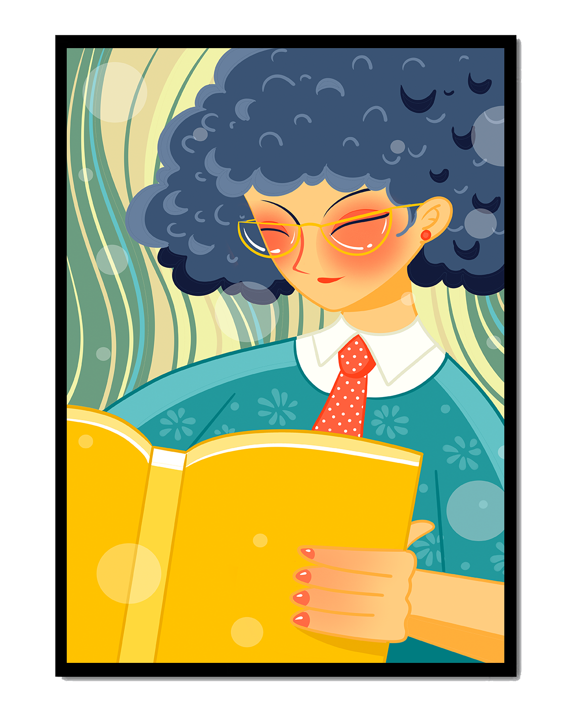 Illustration of a person reading a large yellow book in a stylized design