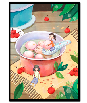Charming illustration of children with dessert in a whimsical setting