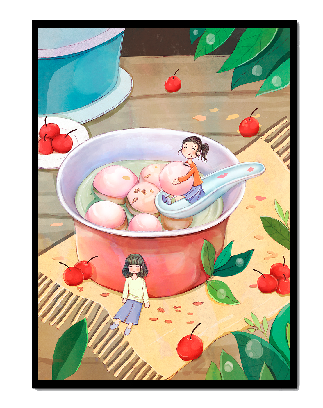 Charming illustration of children with dessert in a whimsical setting