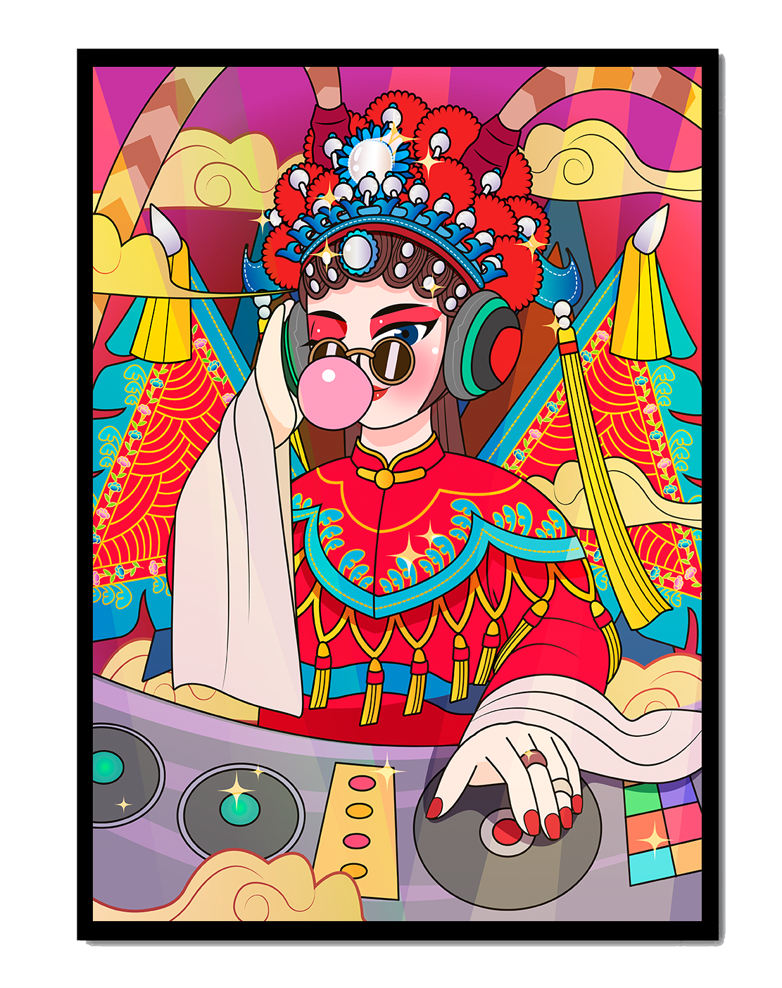 Vibrant DJ illustration combining traditional and modern elements
