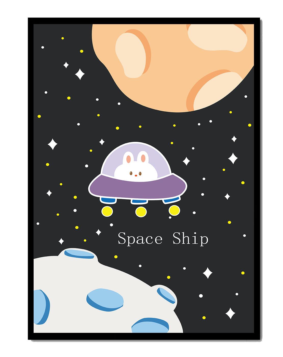 Cute bunny in spaceship with planets and stars in space illustration