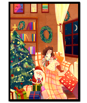 Cozy Christmas scene with tree, gifts, and a child by the window