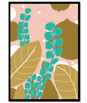 Diseño botánico abstracto con hojas verdes y doradas.
