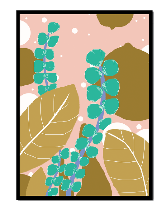 Abstract botanical design with green and golden leaves