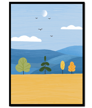 Colorful Landscape with Trees and Birds in a Serene Field