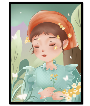 Ilustración serena de una chica en la naturaleza con flores y mariposas