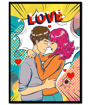 Ilustración de pop art romántico con pareja abrazándose y texto de amor