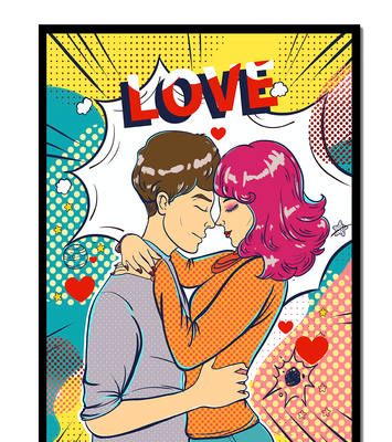 Romantic Pop Art Illustration with Embracing Couple and Love Text