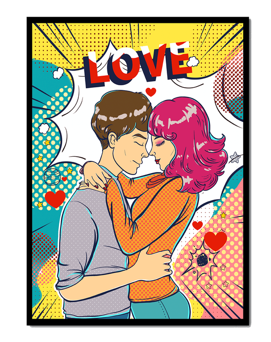 Romantic Pop Art Illustration with Embracing Couple and Love Text