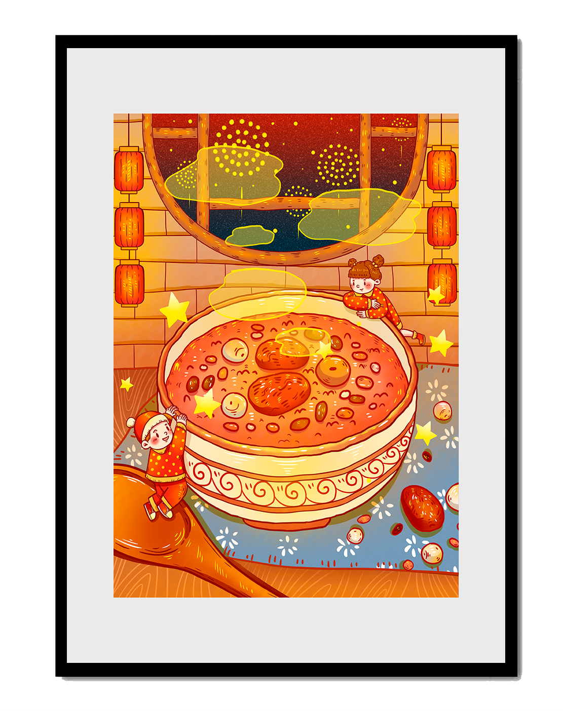 Cozy festive scene with children, a large bowl of soup, and lanterns