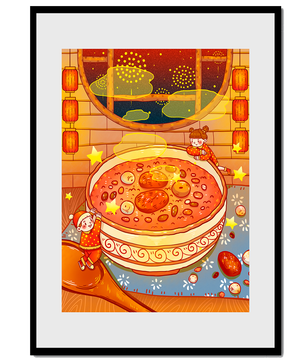 Scène festive et chaleureuse avec des enfants, un grand bol de soupe et des lanternes