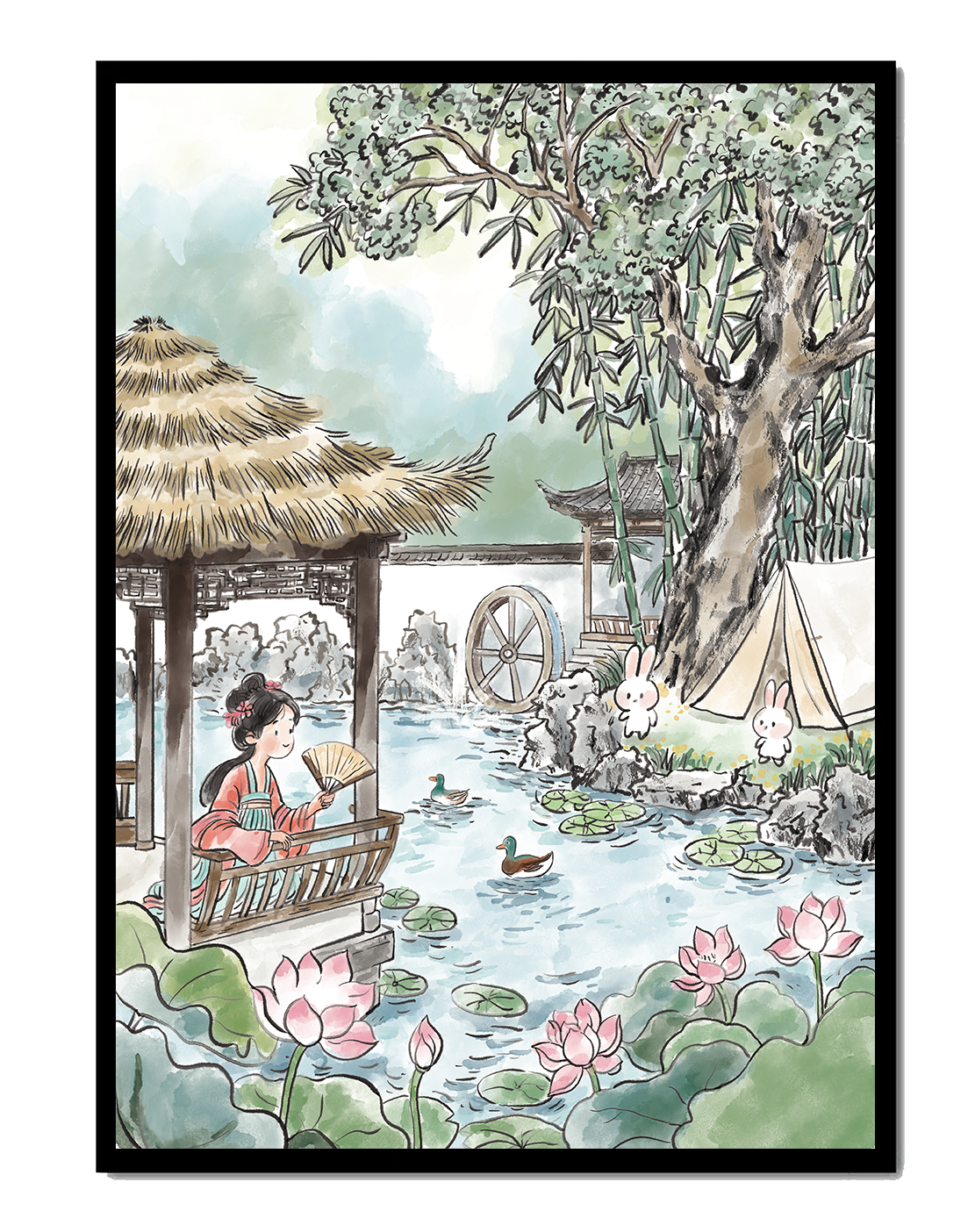 Escena tranquila de jardín con mujer, patos y conejos en un entorno tradicional