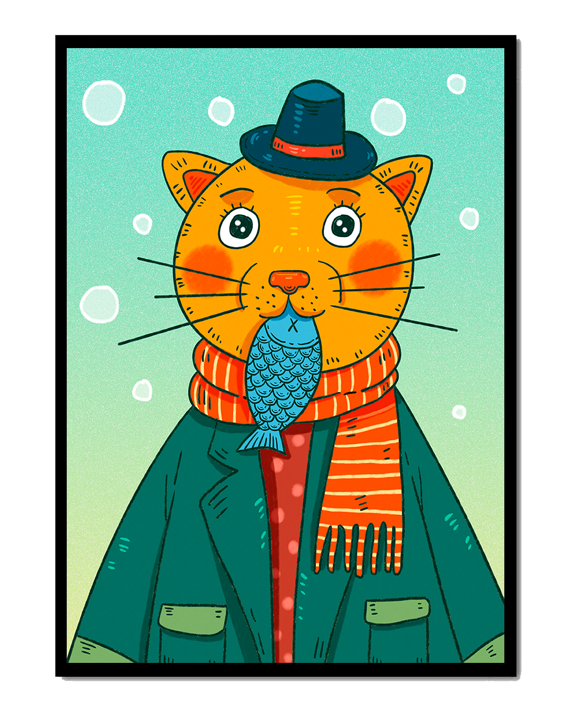Whimsical cat dressed in colorful winter attire