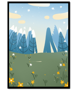 Landschaft mit schneebedeckten Bergen und Blumen im Cartoon-Stil