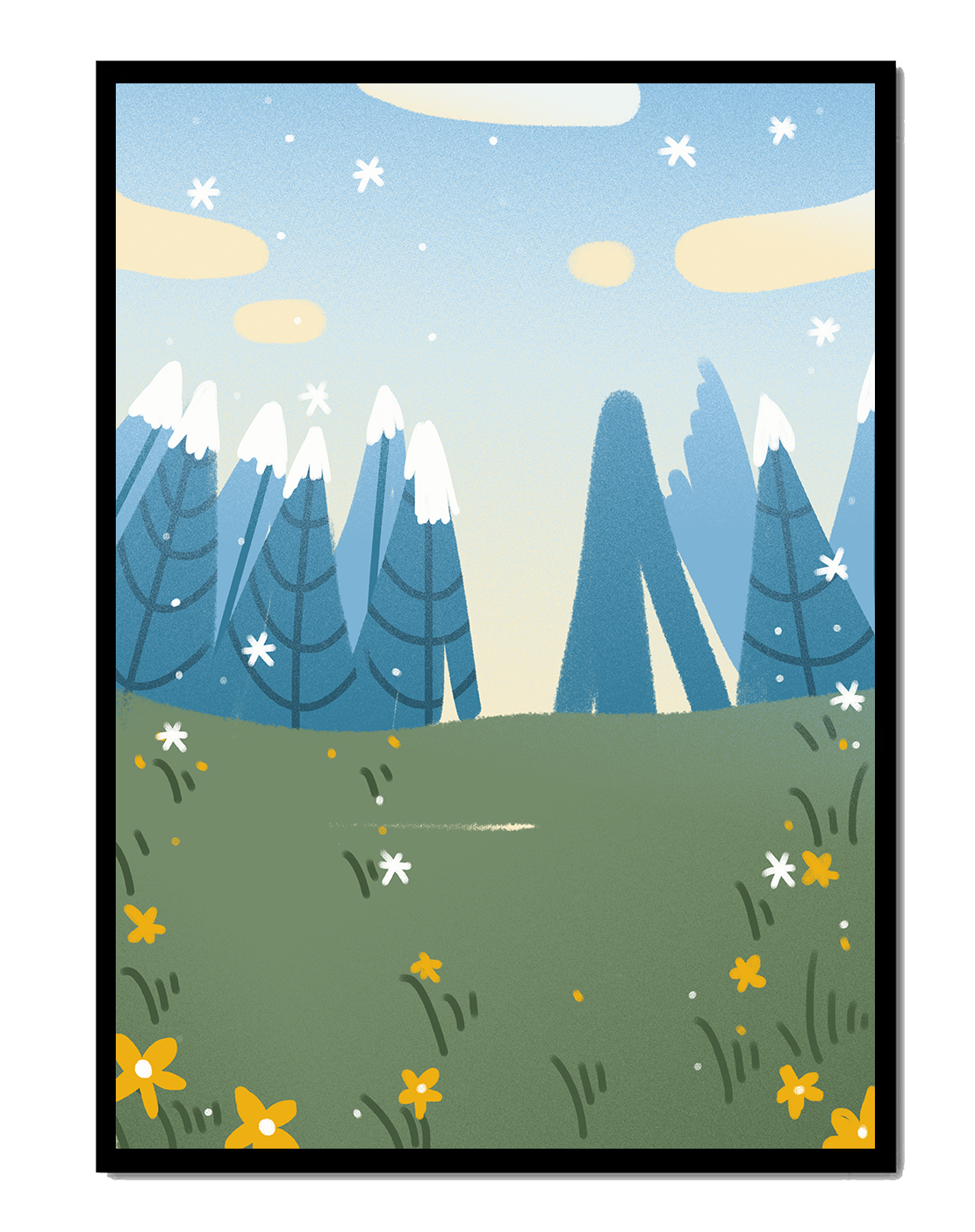 Landschaft mit schneebedeckten Bergen und Blumen im Cartoon-Stil