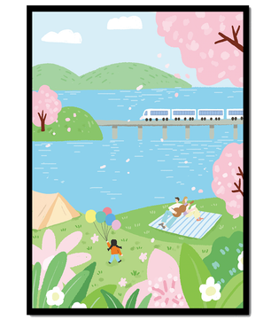 Piknik Tepi Danau yang Damai dengan Bunga Sakura dan Kereta Api