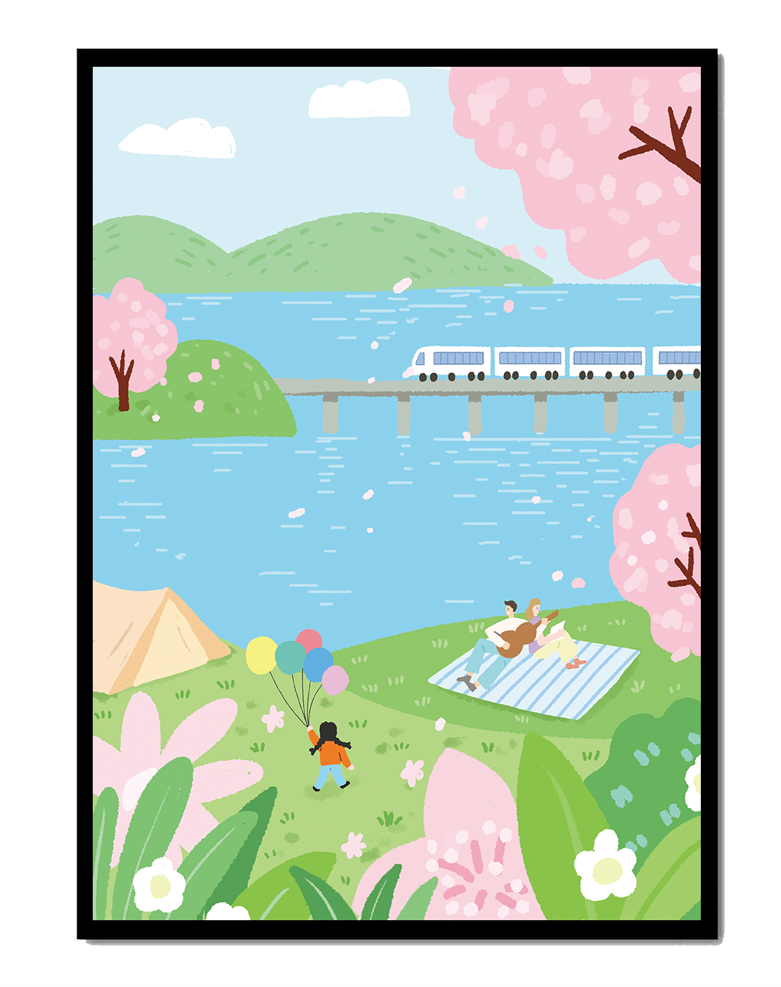 Piknik Tepi Danau yang Damai dengan Bunga Sakura dan Kereta Api