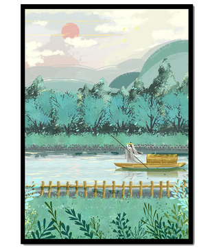 Ruhige Landschaft mit Bootsmann auf dem Fluss bei Sonnenaufgang