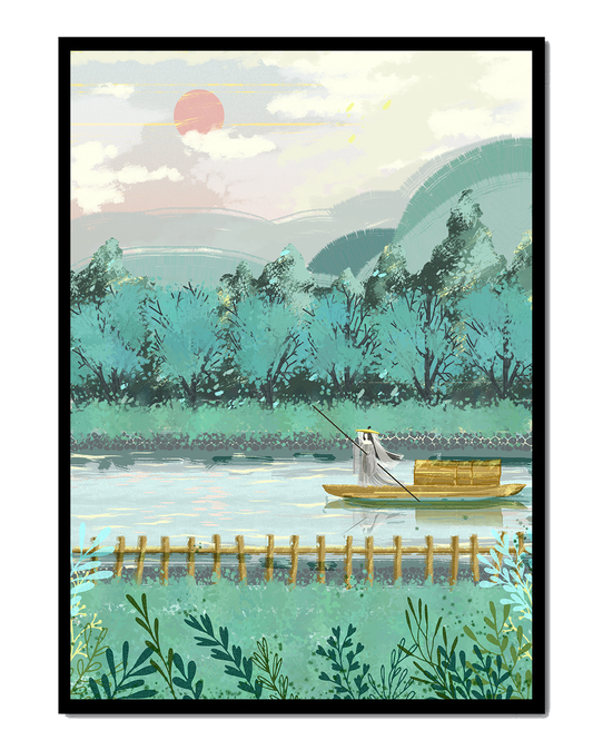 Serene Landscape with Boatman on River at Sunrise
