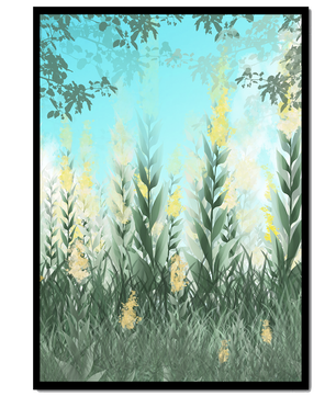 Serene Garden with Tall Green Leaves and Yellow Flowers Under Blue Sky