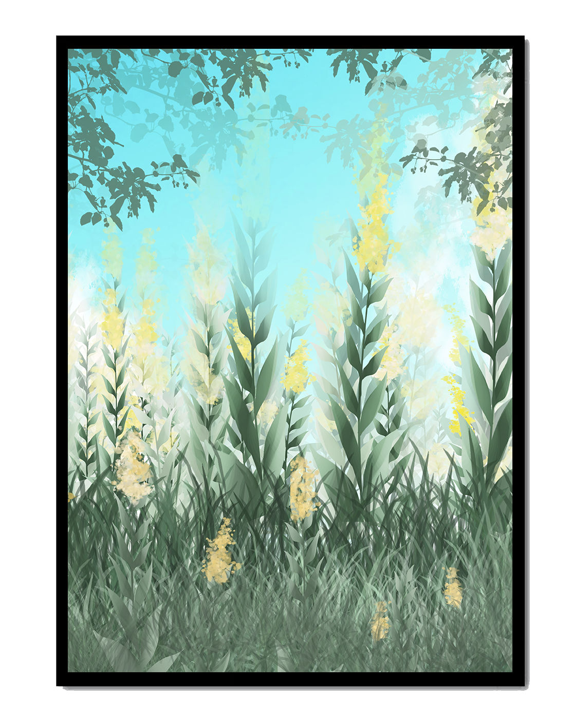 Jardín sereno con hojas verdes altas y flores amarillas bajo el cielo azul