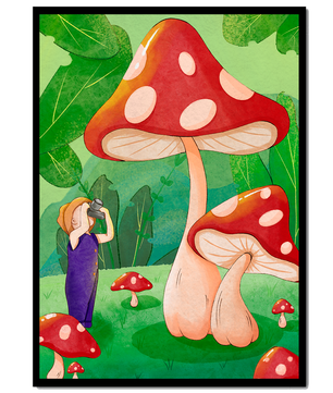 Playful illustration of a child with oversized mushrooms in a whimsical forest setting