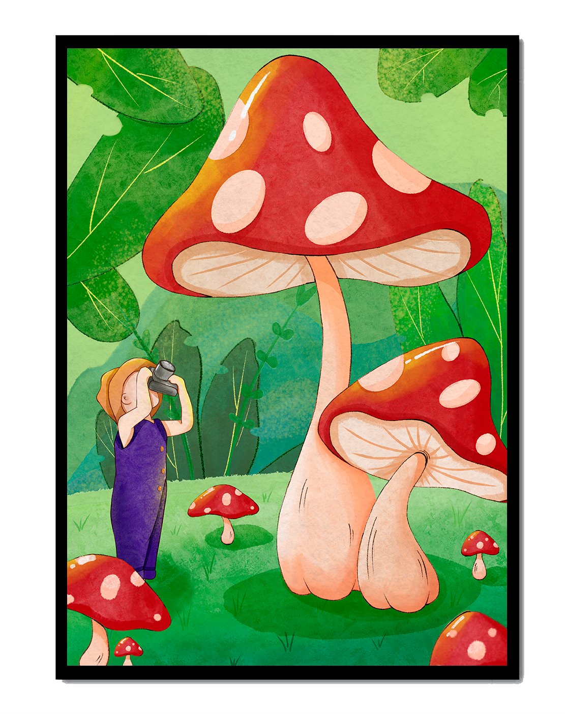 Playful illustration of a child with oversized mushrooms in a whimsical forest setting