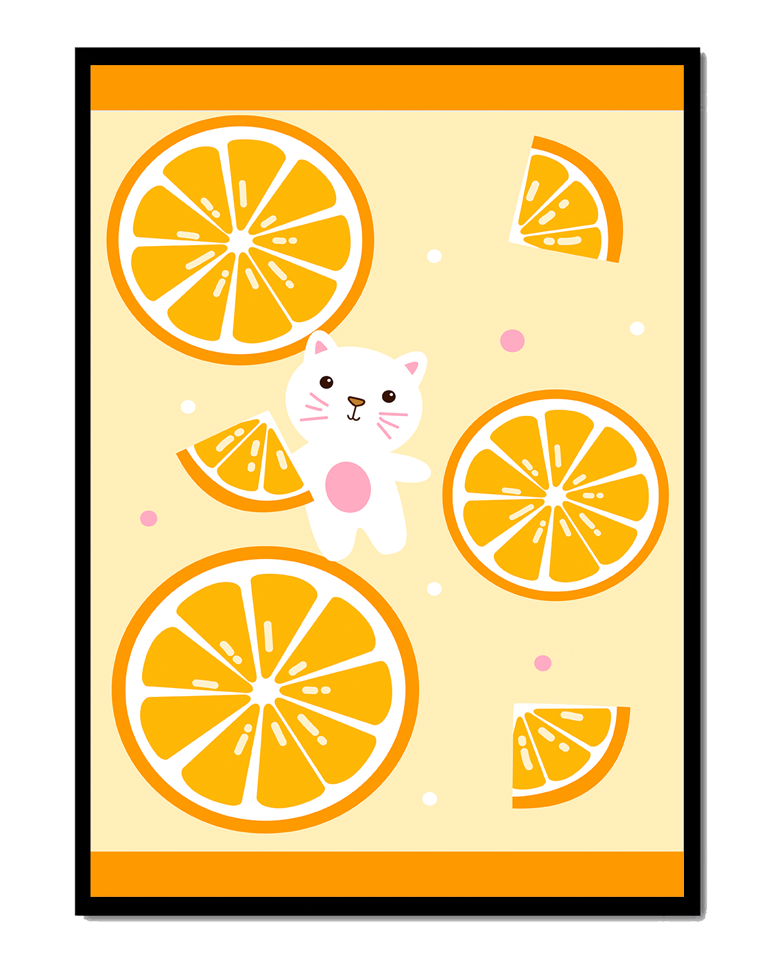 Illustration of a playful cat with orange slices on a colorful background