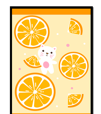 Illustration of a playful cat with orange slices on a colorful background