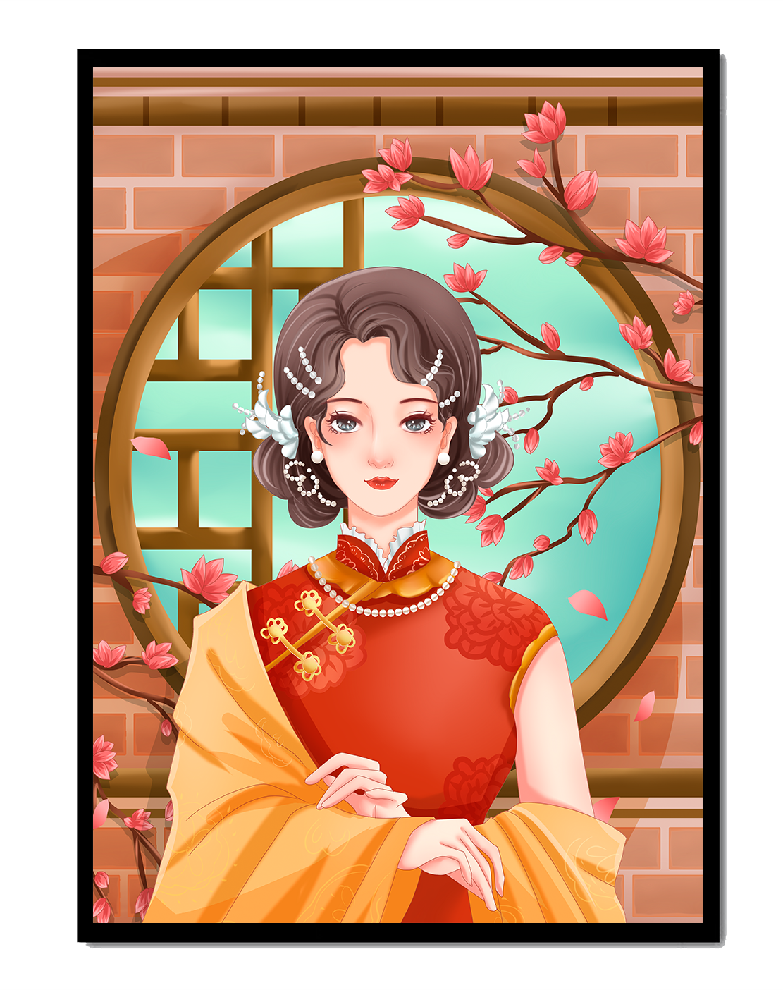 Elegant woman in traditional dress with floral background