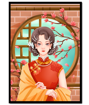 Elegant woman in traditional dress with floral background