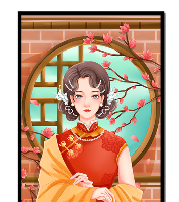 Elegant woman in traditional dress with floral background