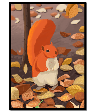 Ilustración de una ardilla adorable entre hojas de otoño