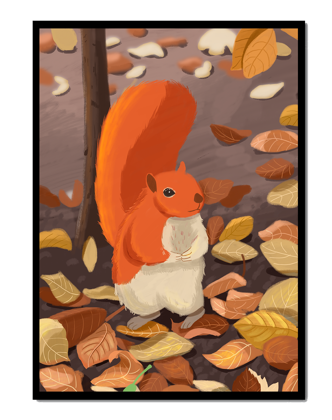 Illustration of a cute squirrel among autumn leaves