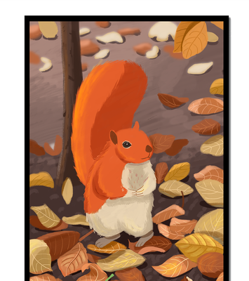 Illustration of a cute squirrel among autumn leaves
