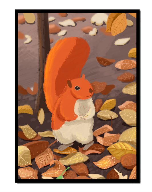 Illustration of a cute squirrel among autumn leaves