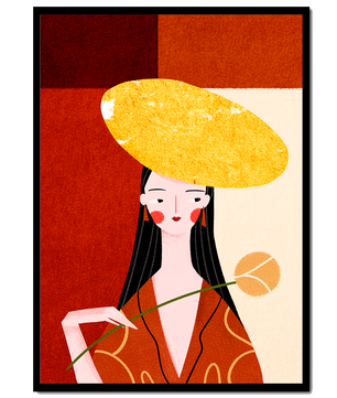 Elegant Woman with a Gold Hat and a Flower on a Red Background - Mi tienda