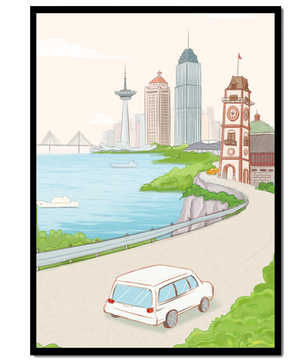 Scenic coastal cityscape with modern buildings and a classic clock tower